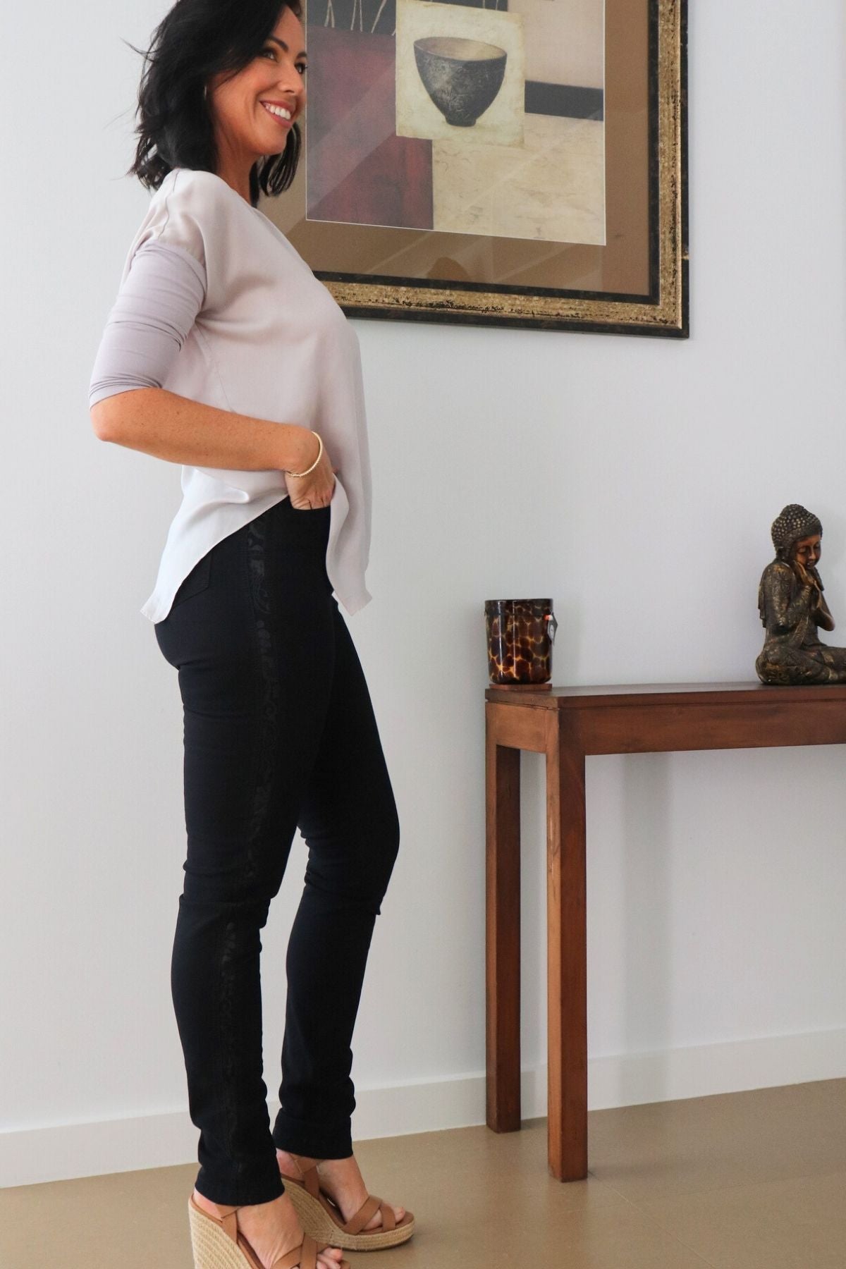 Side Pattern Detail Jeans - Black
