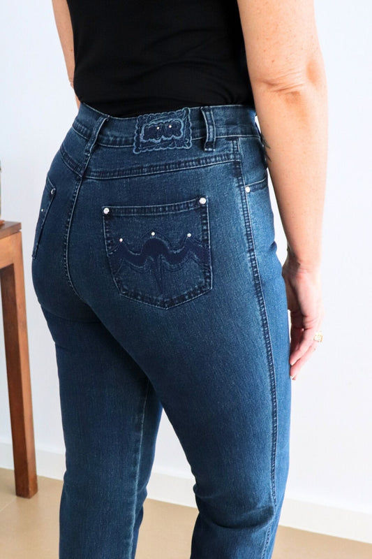 Applique Pocket Straight Leg Jeans - Denim
