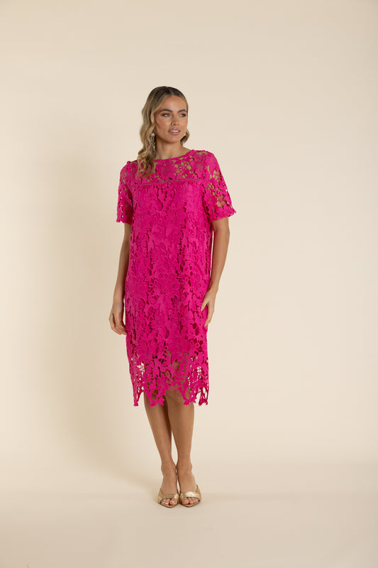 Two T's Guipure Lace Dress - Raspberry