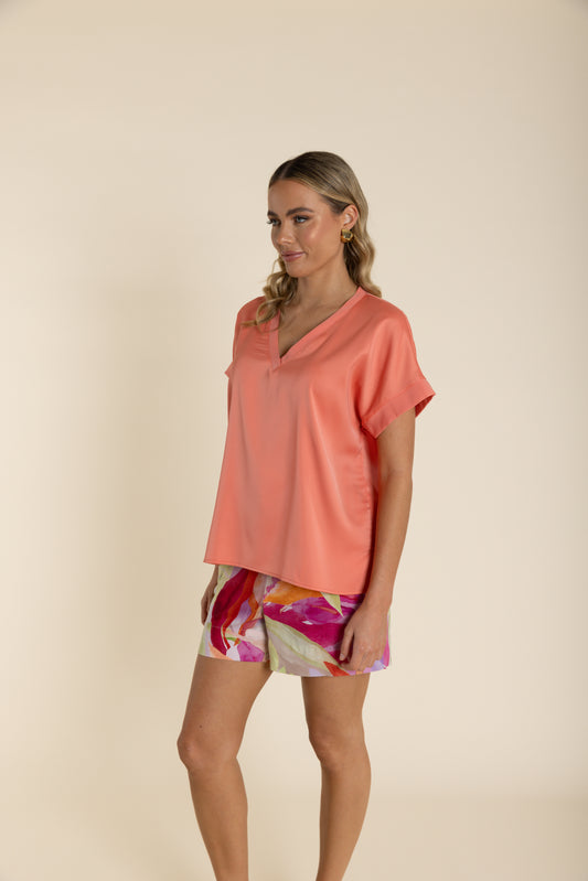Two T's Satin Dropped Shoulder Top - Tangelo