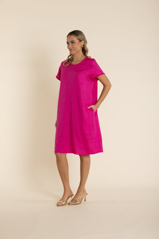 Two T's Linen Frill Trim Dress - Raspberry