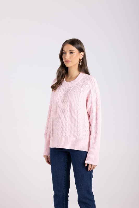 Two T's Cable Knit Sweater - Soft Pink