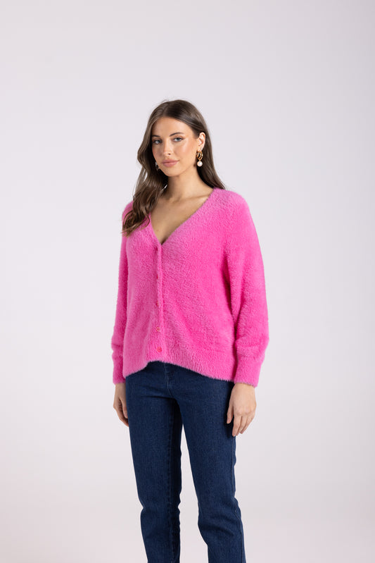 Two T's Fluffy Cardigan - Bright Pink
