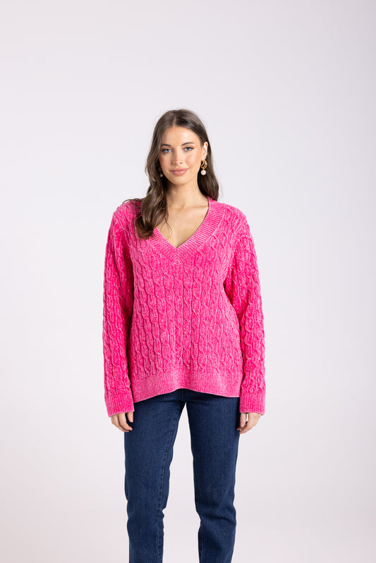 Two T's Chenille Cable Knit Sweater - Bright Pink