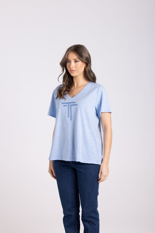 Two T's Sequin Logo Tee Shirt - Powder Blue
