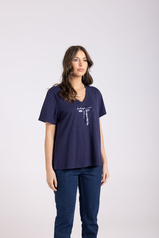 Two T's Sequin Logo Tee Shirt - French Navy