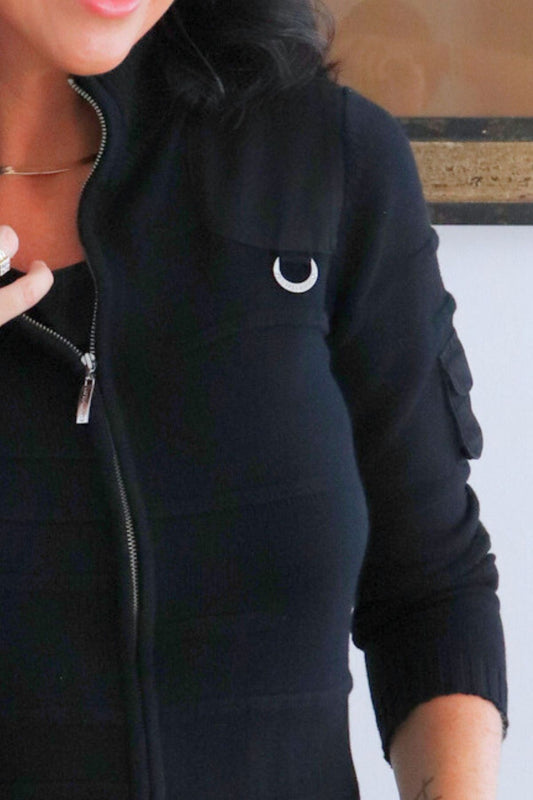 Diamonte Ring Cotton Knit Cardi - Black