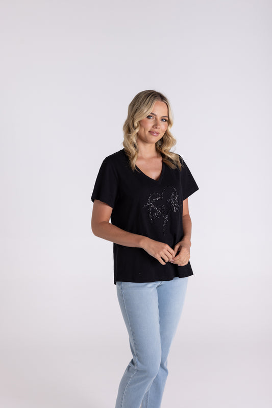 Two T's Sequin Heart Logo Tee - Black