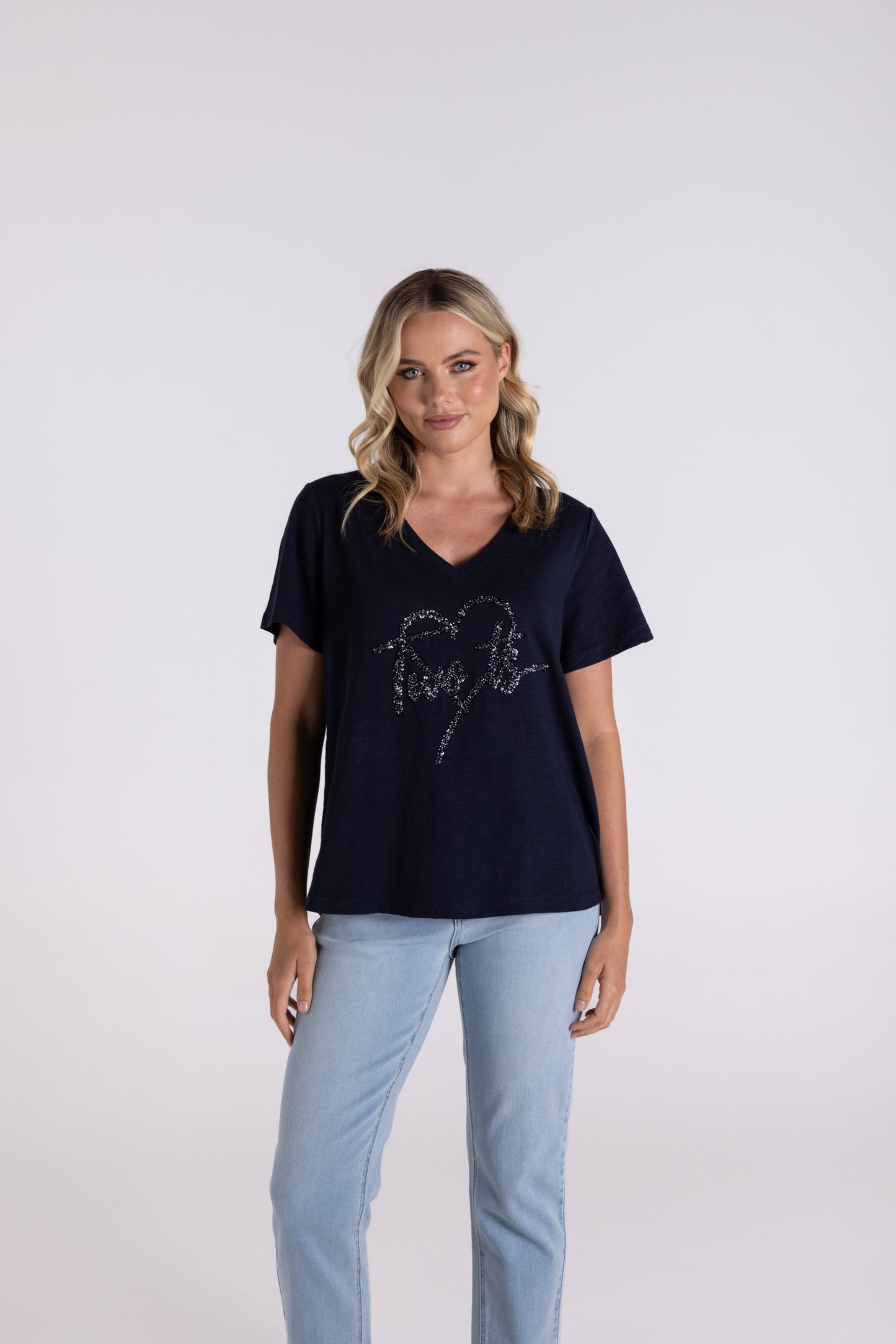 Two T's Sequin Heart Logo Tee - Black