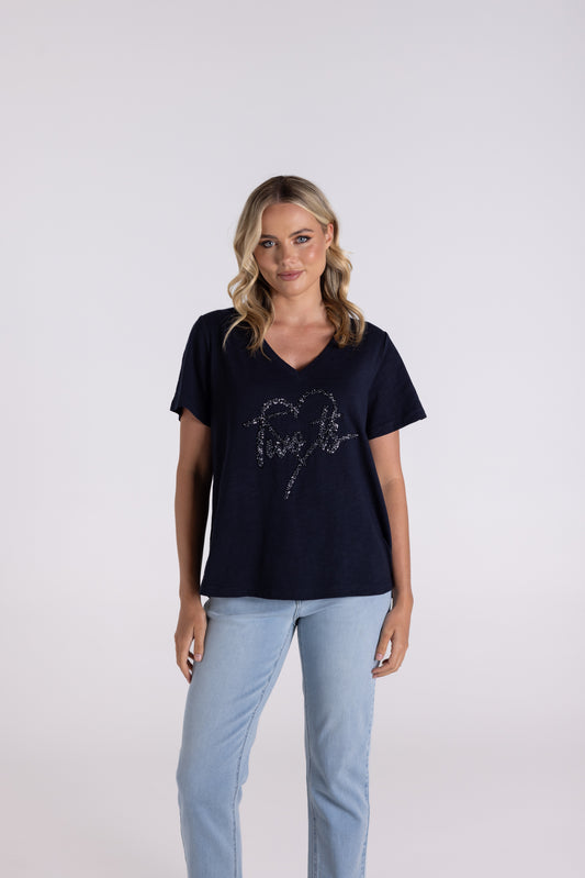 Two T's Sequin Heart Logo Tee - Navy