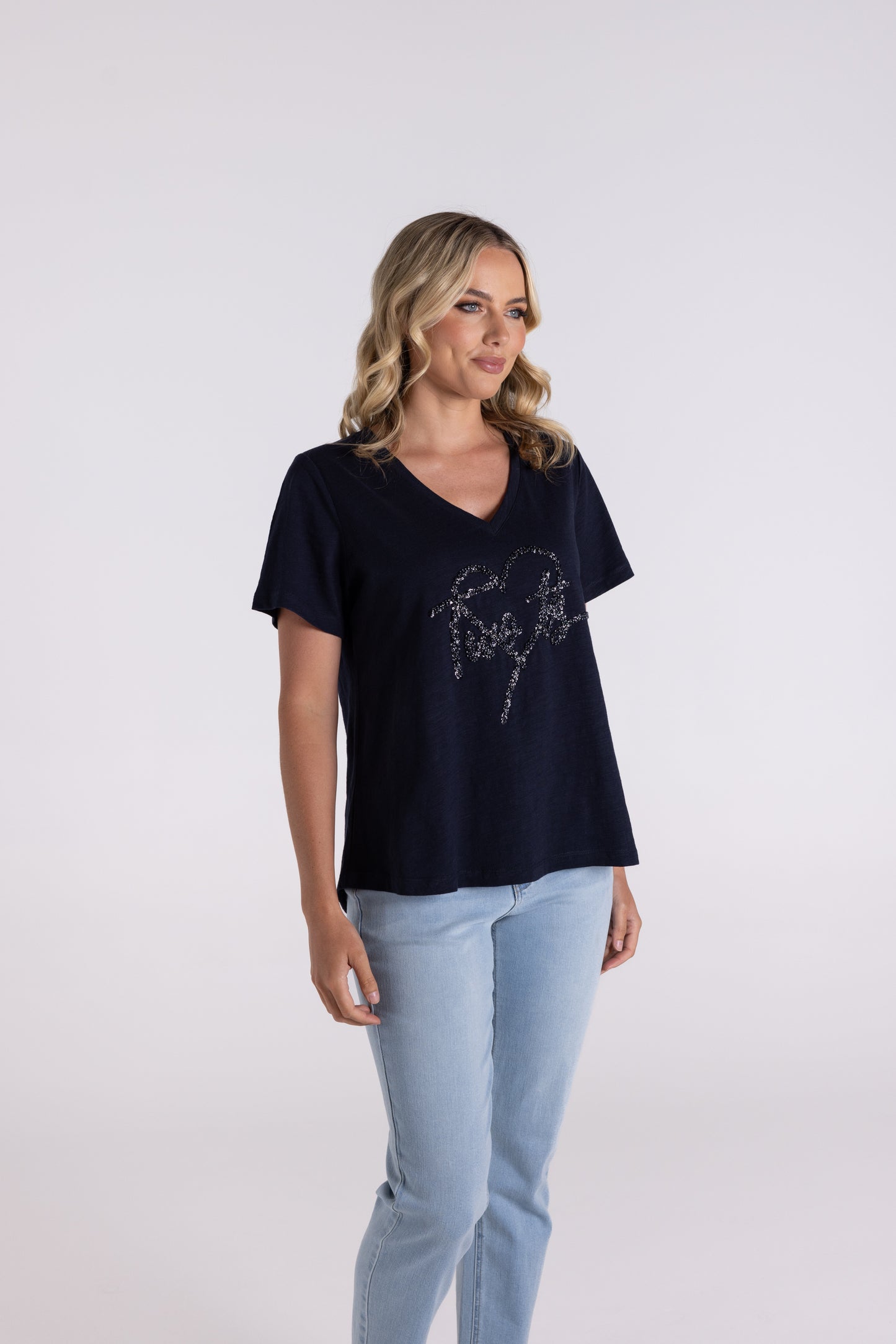 Two T's Sequin Heart Logo Tee - Navy