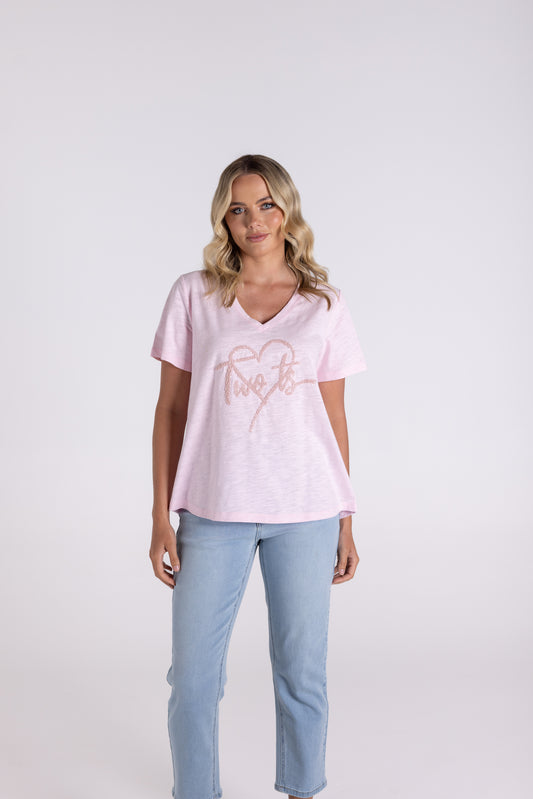 Two T's Sequin Heart Logo Tee - Pink