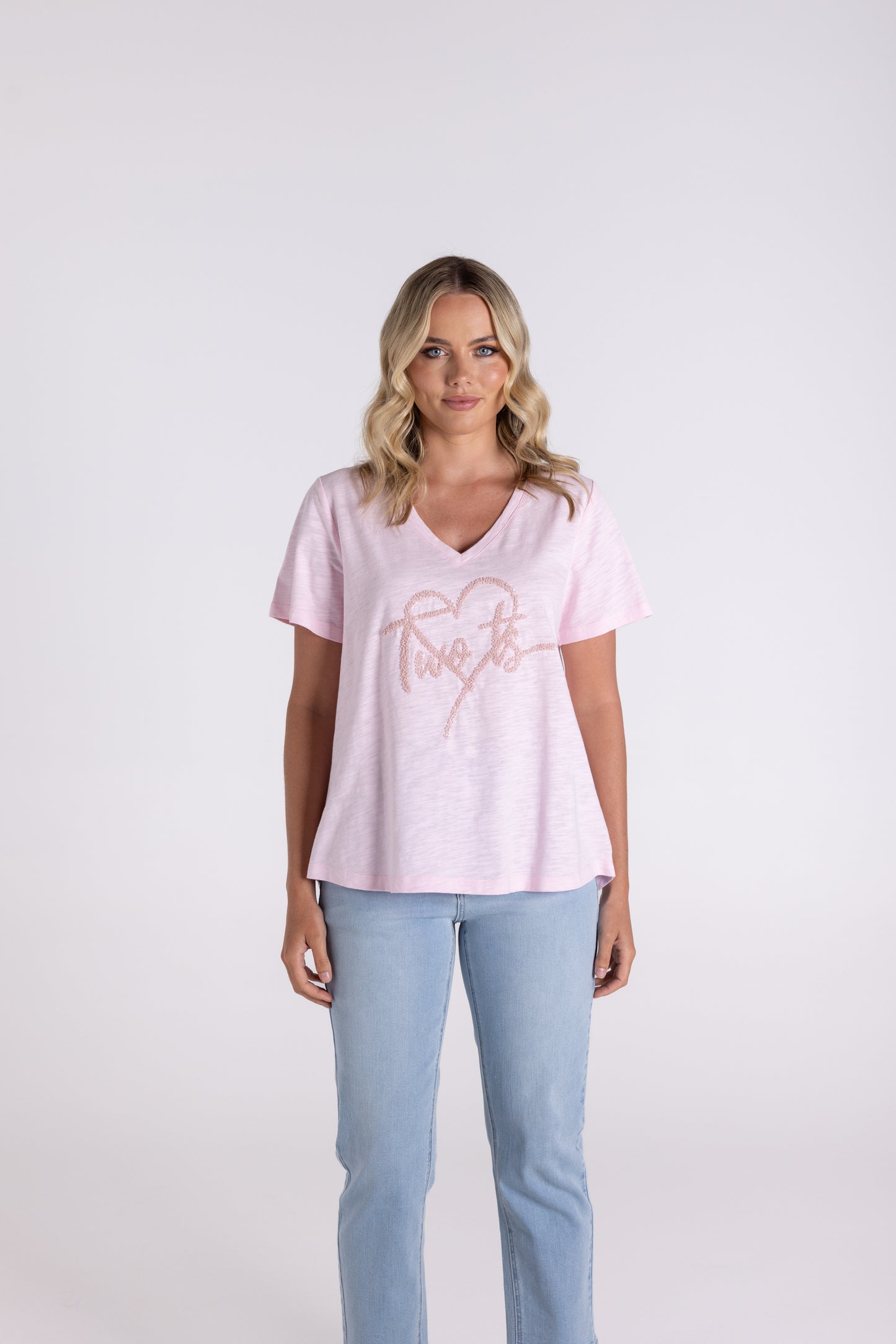Two T's Sequin Heart Logo Tee - Pink