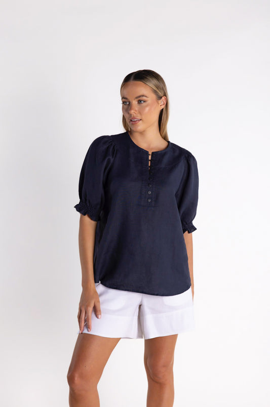 Two T's Button Linen Top - Charcoal