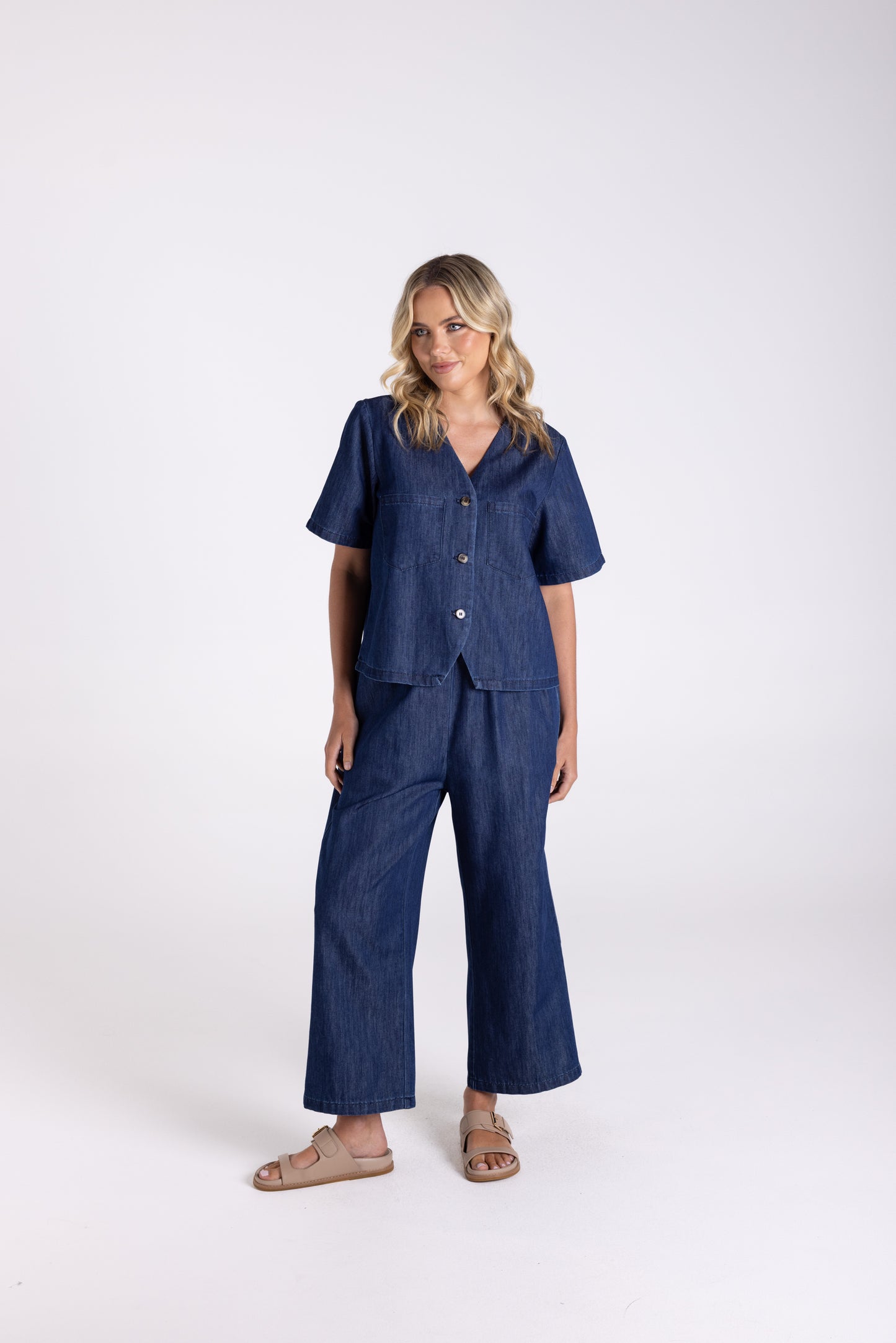 Two T's Denim Short Sleeve Top - Dark Denim