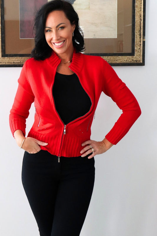 Zip Pocket Cotton Knit Cardi - Red