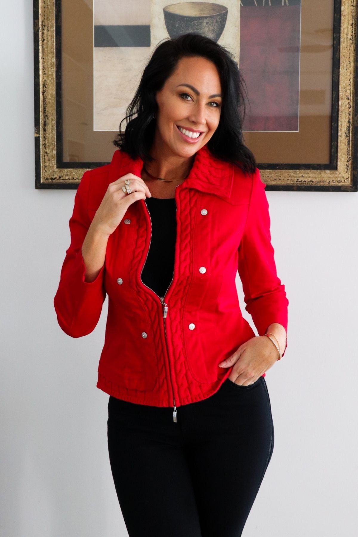 Cable Button Knit Jacket - Red