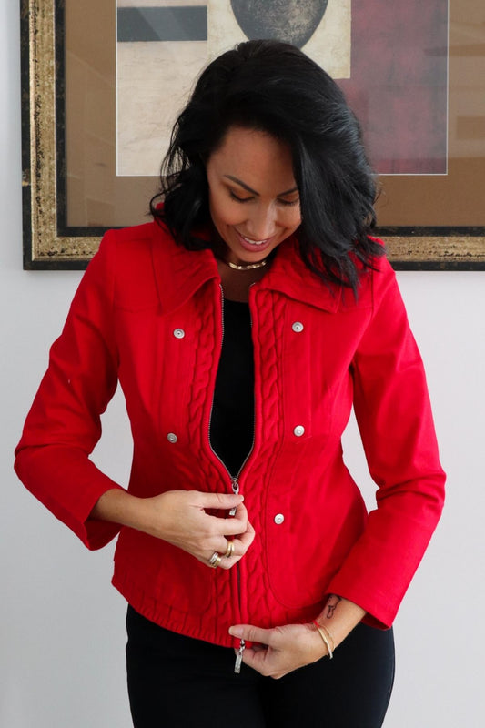 Cable Button Knit Jacket - Red