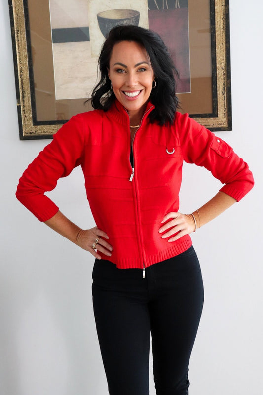 Diamonte Ring Cotton Knit Cardi - Red