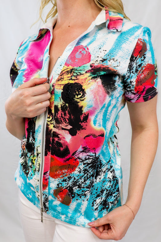 Print Zip Top - Turquoise