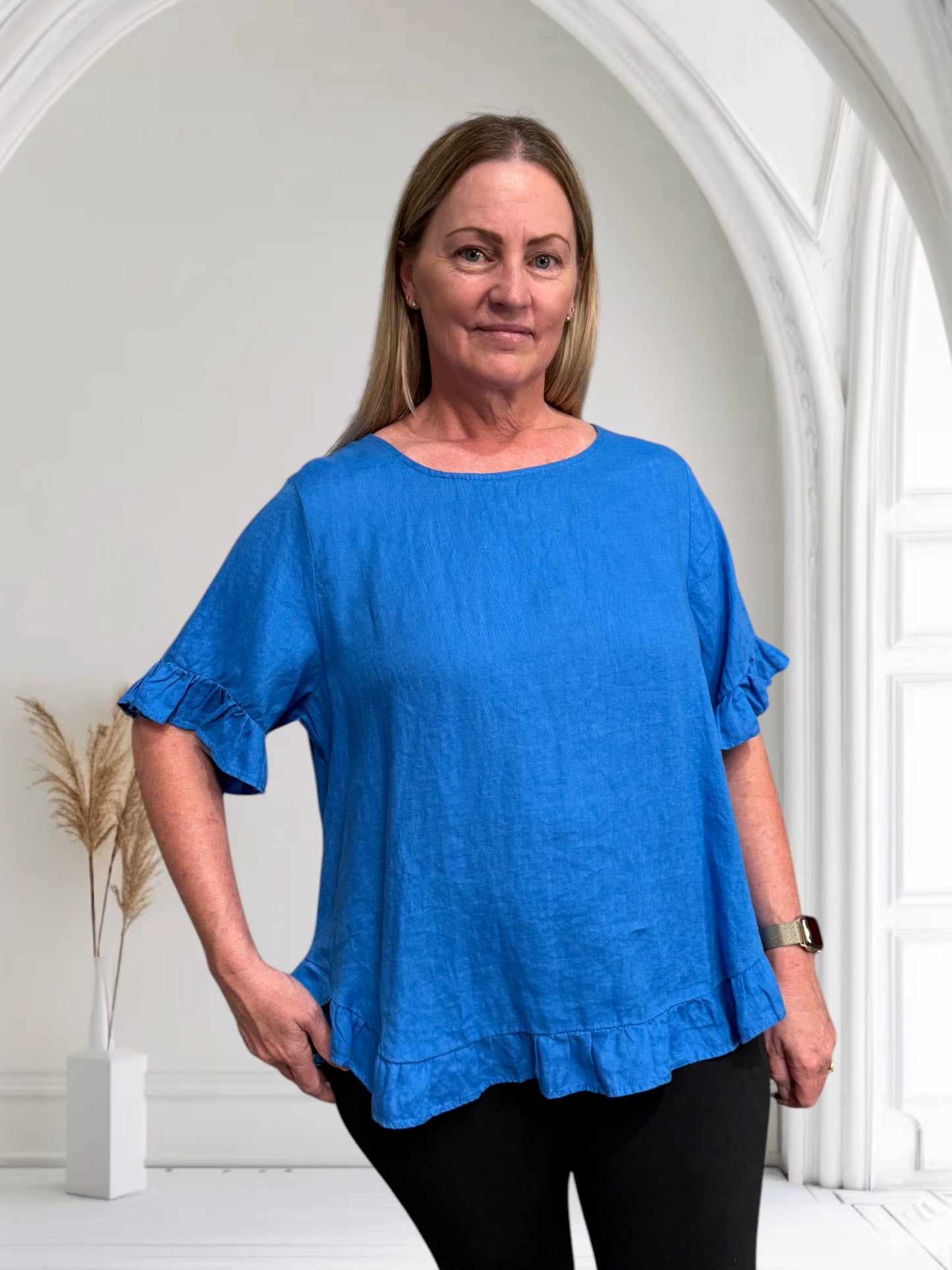 Worthier Ruffle Trim Top - Navy Check