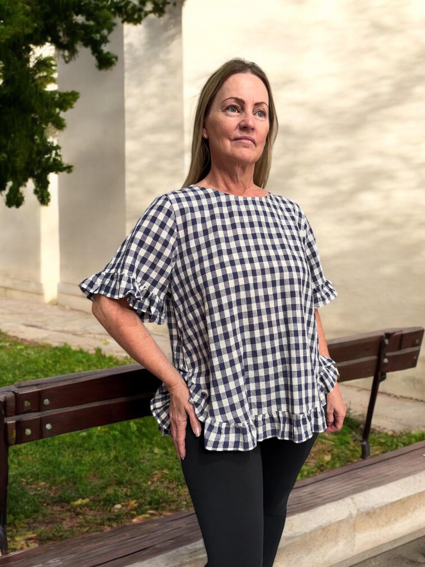 Worthier Ruffle Trim Top - Navy Check