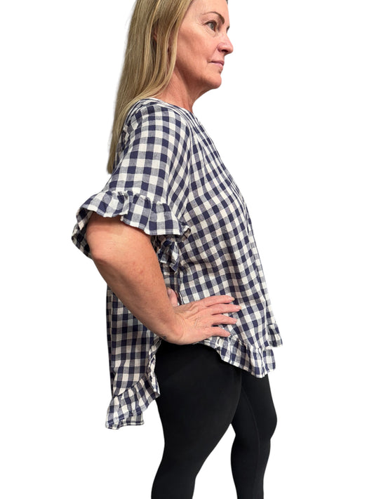 Worthier Ruffle Trim Top - Navy Check