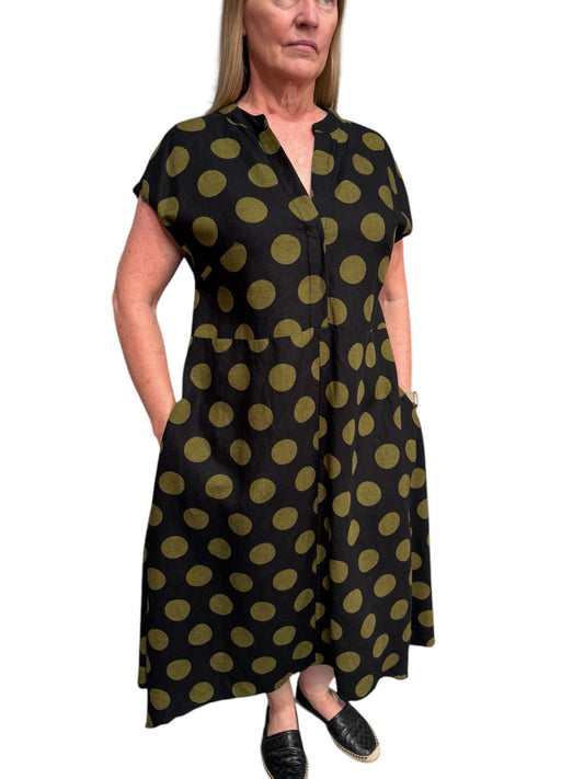 See Saw Linen Dress - B/Green Spot