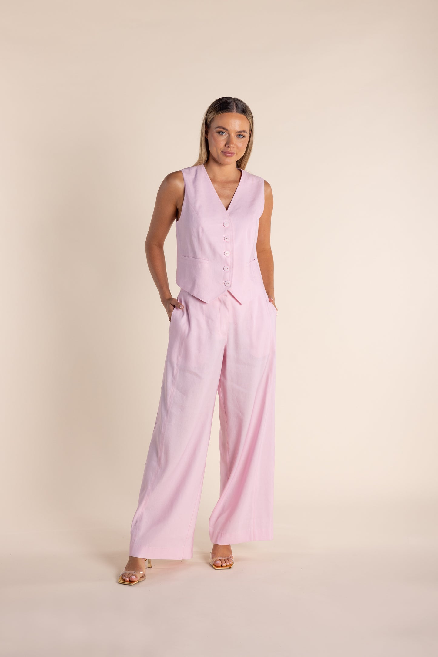 Two T's Linen Mix Vest - Pink Rose