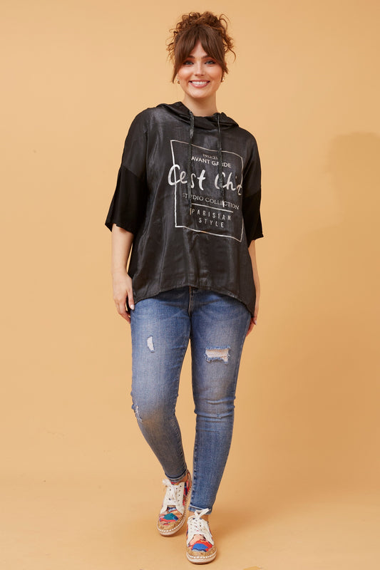 Graphic Foil Print Hooded Top - Black