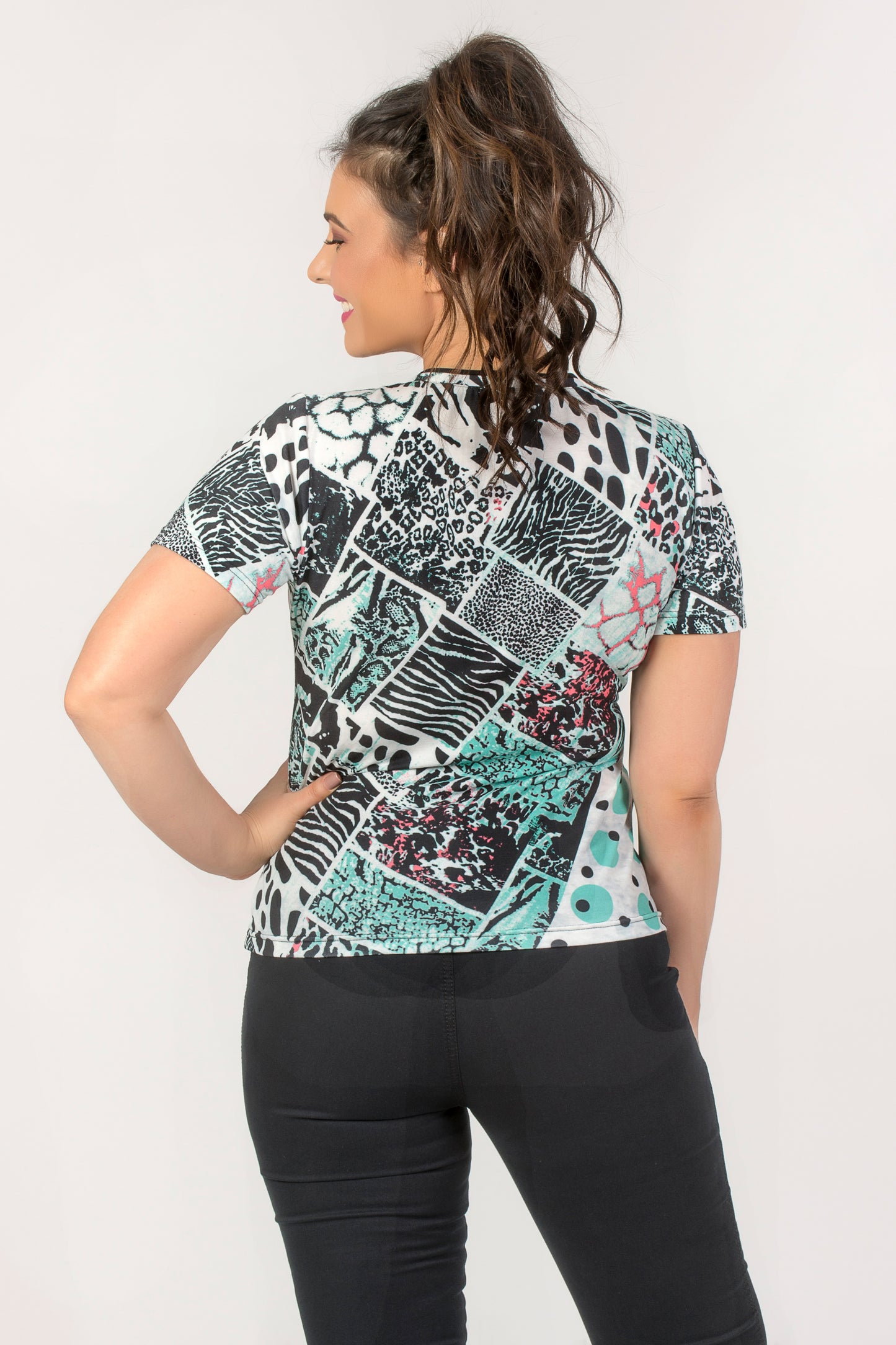 V Neck Print Top - Black