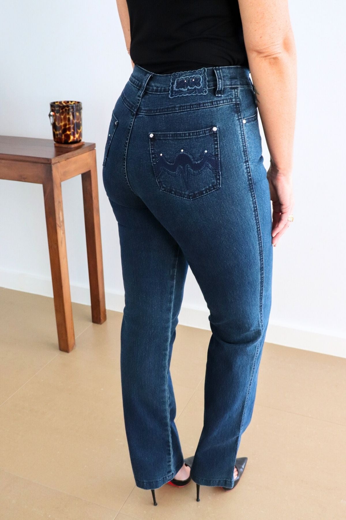 Applique Pocket Straight Leg Jeans - Denim