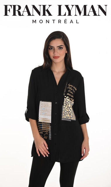 Frank Lyman Geometric Text Print Shirt - Black