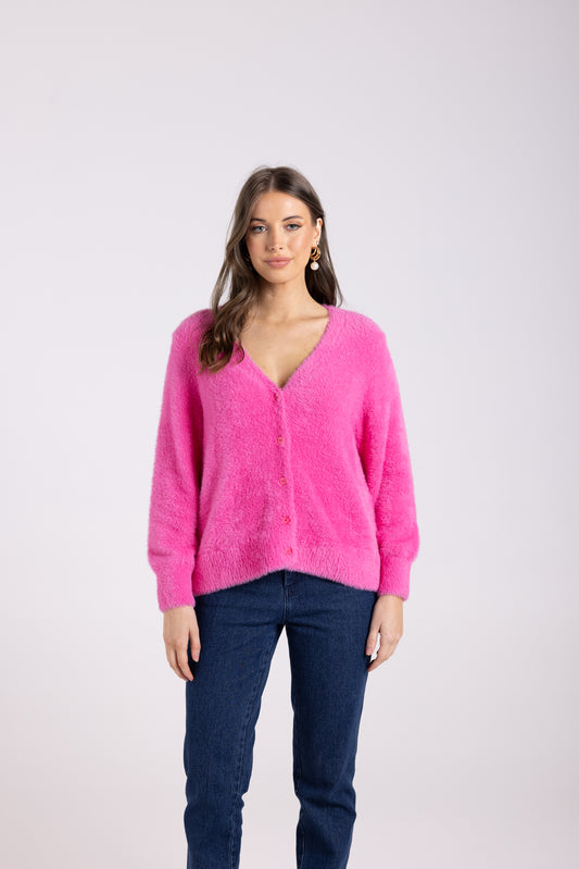 Two T's Fluffy Cardigan - Bright Pink