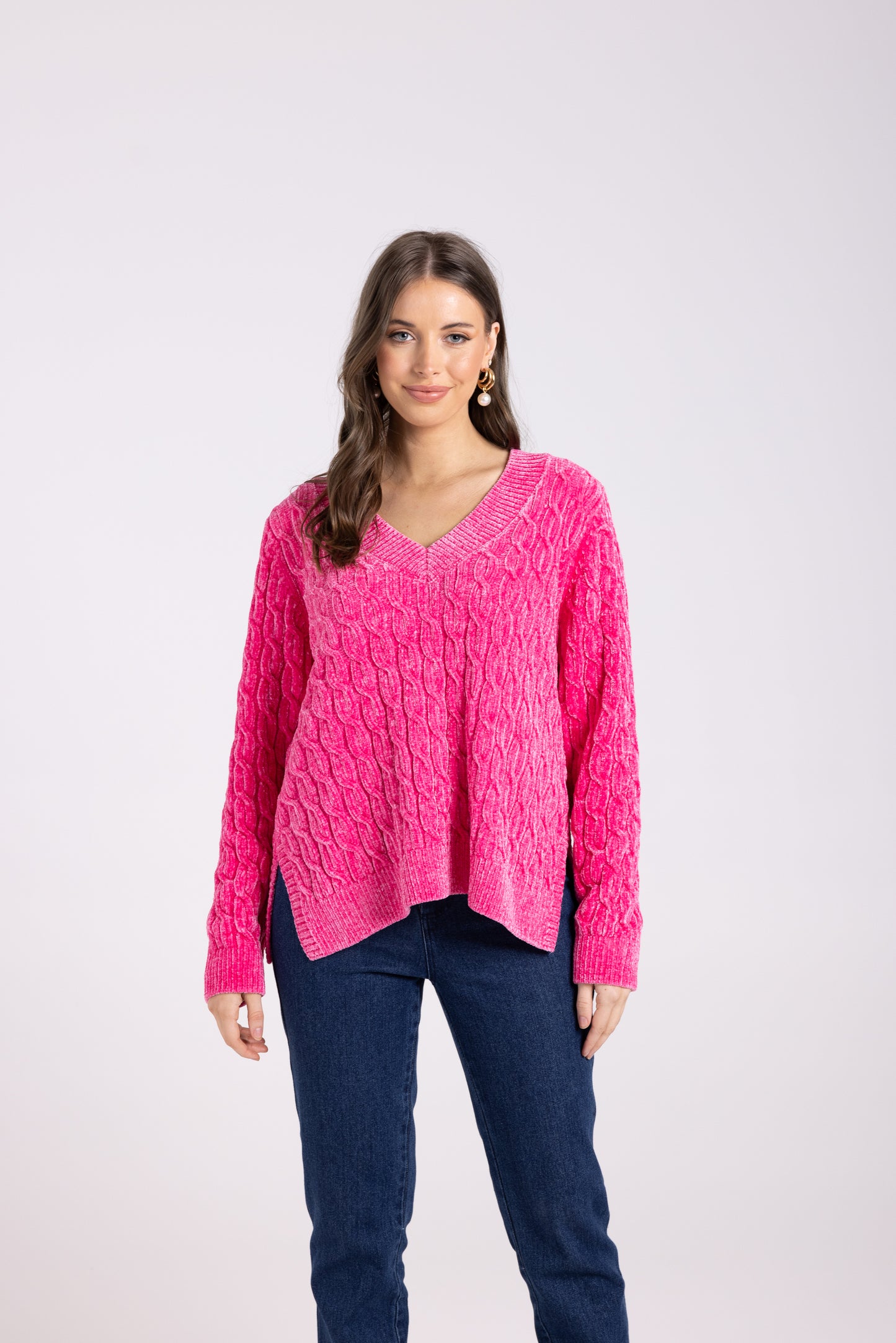 Two T's Chenille Cable Knit Sweater - Bright Pink