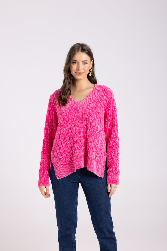 Two T's Chenille Cable Knit Sweater - Bright Pink