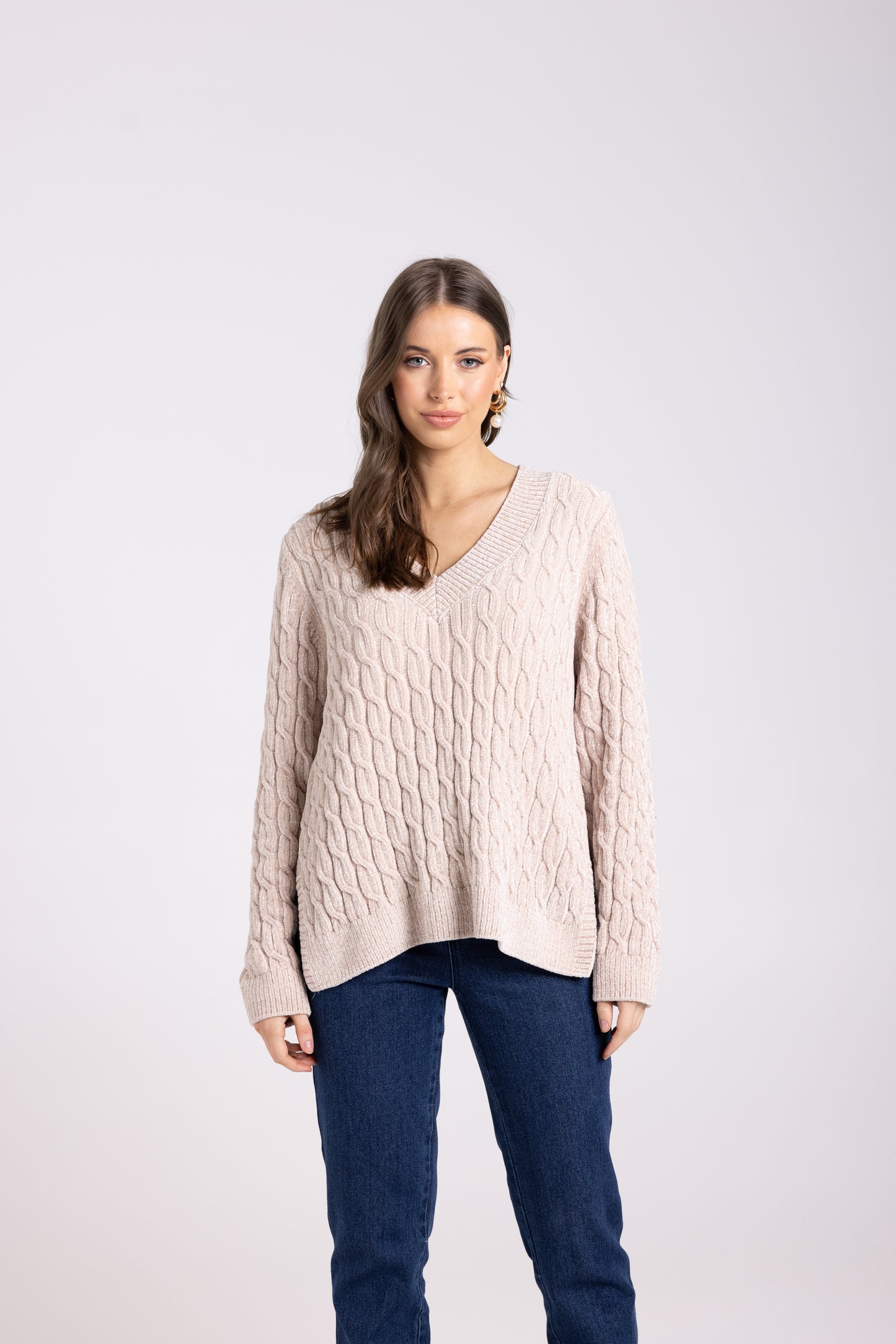 Two T's Chenille Cable Knit Sweater - Latte
