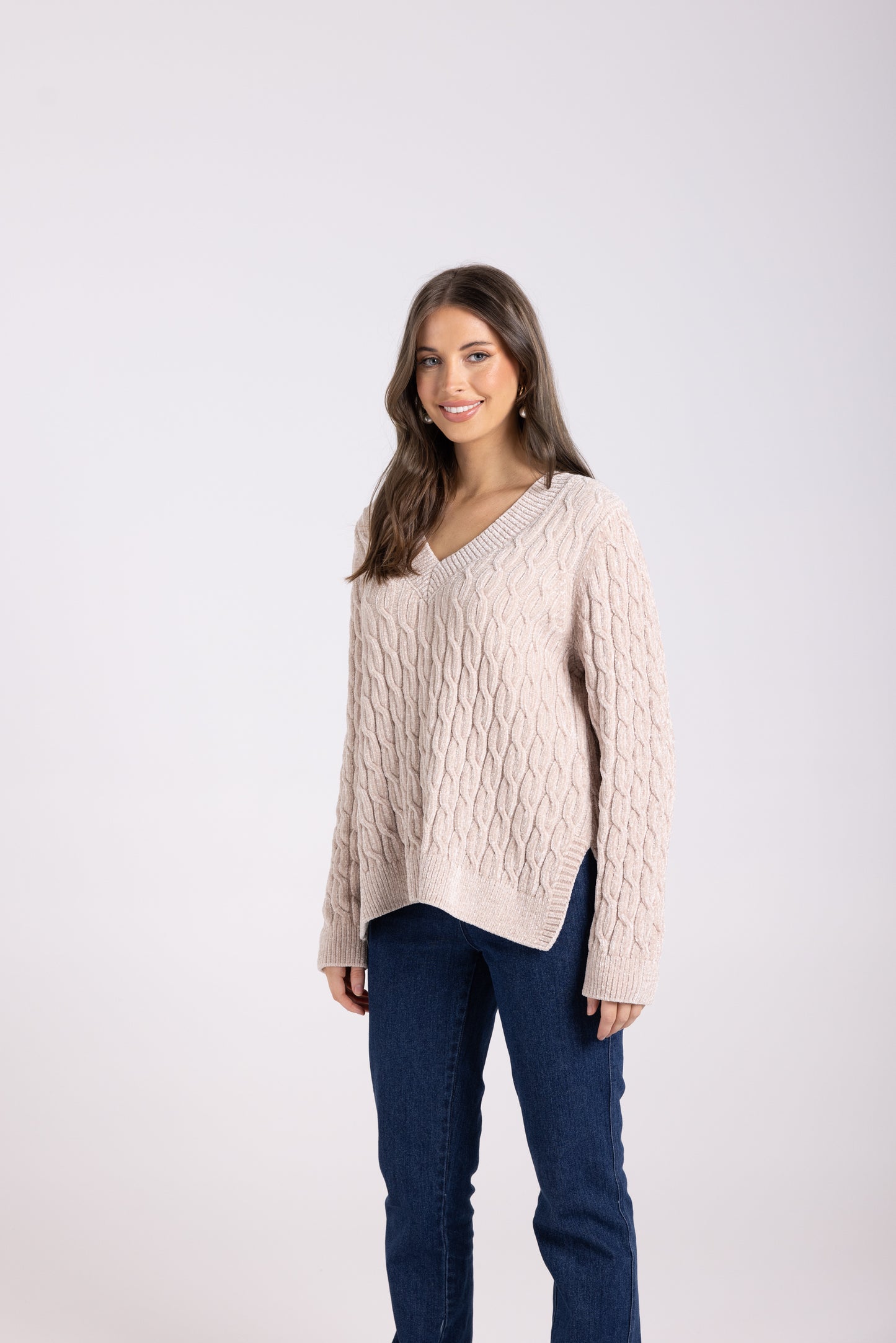 Two T's Chenille Cable Knit Sweater - Latte