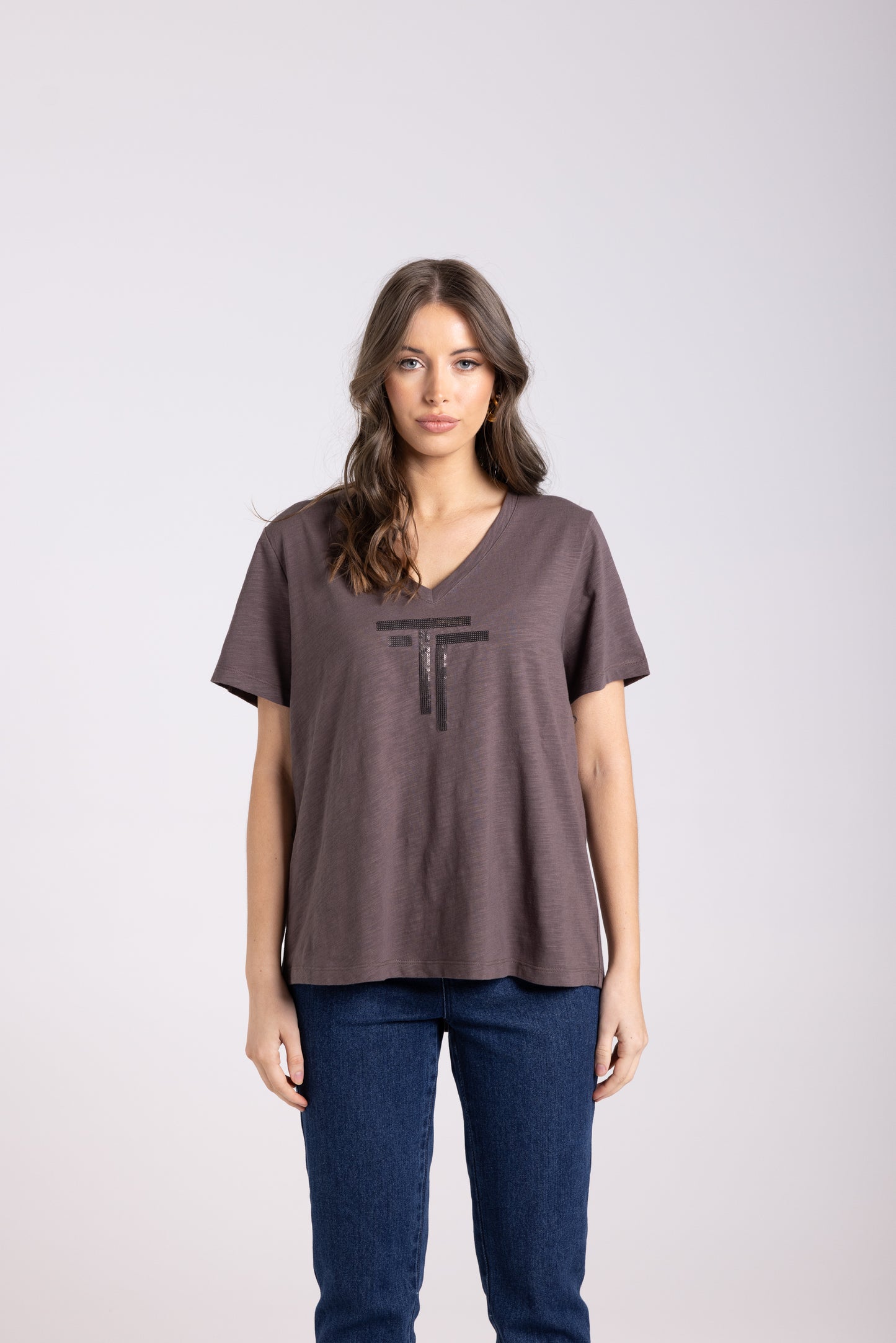 Two T's Sequin Logo Tee Shirt - Espresso