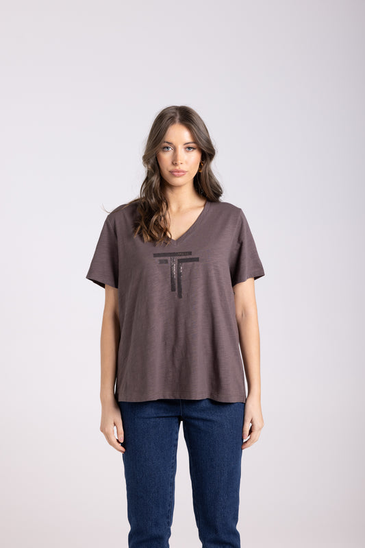 Two T's Sequin Logo Tee Shirt - Espresso