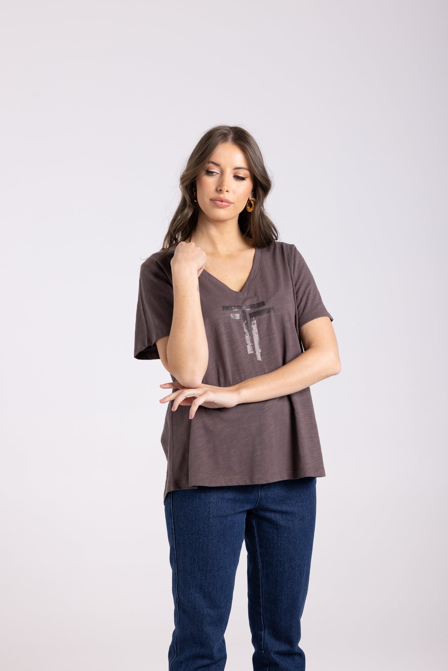 Two T's Sequin Logo Tee Shirt - Espresso