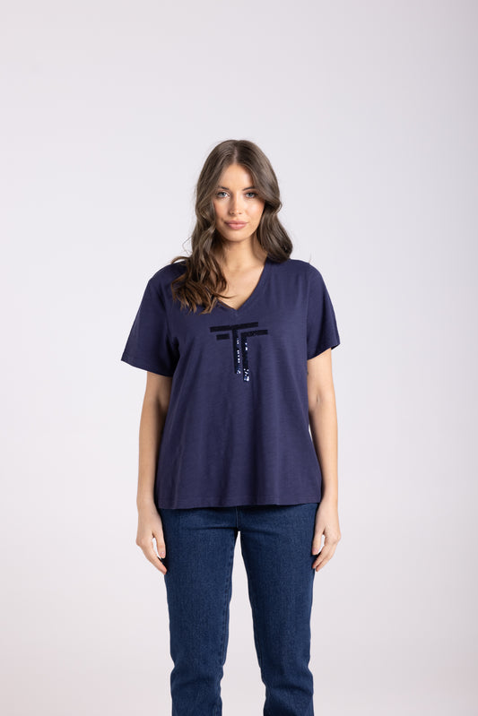 Two T's Sequin Logo Tee Shirt - French Navy