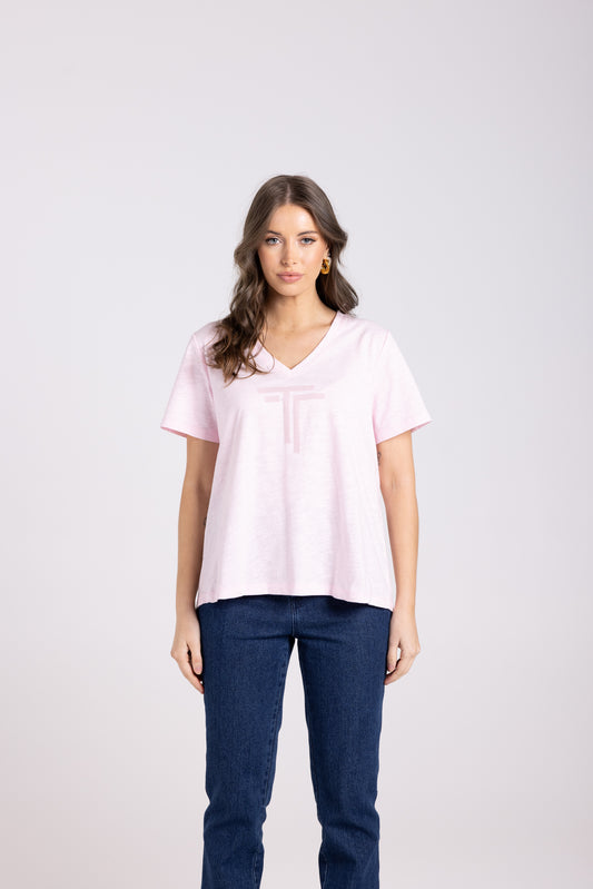 Two T's Sequin Logo Tee Shirt - Soft Pink