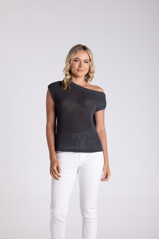 Two T's Tape Yarn Boat Neck Top - Charcoal