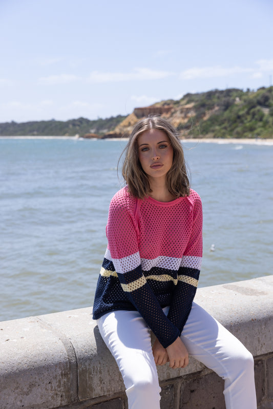 Two T's Pointelle Spliced Sweater - Flamingo Combo