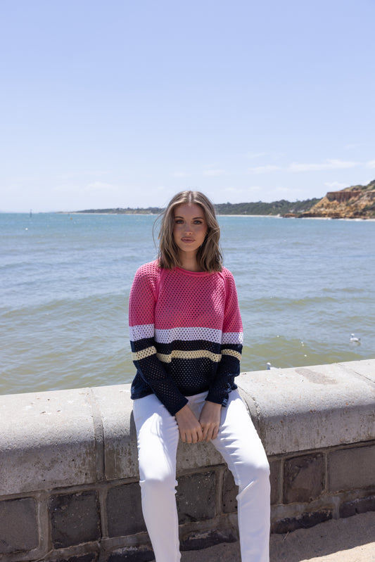 Two T's Pointelle Spliced Sweater - Flamingo Combo
