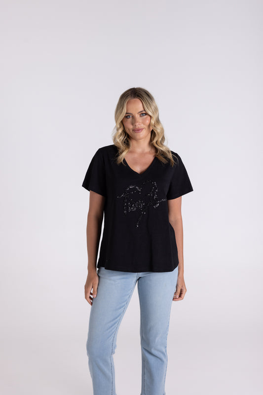 Two T's Sequin Heart Logo Tee - Black