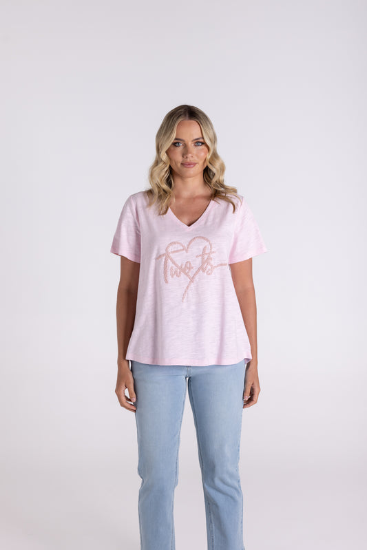 Two T's Sequin Heart Logo Tee - Pink