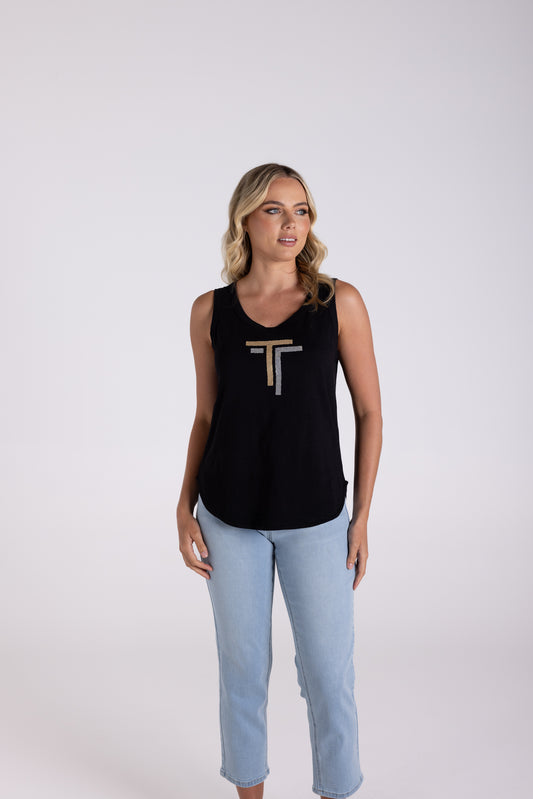 Two T's Sequin Logo Tank - Black