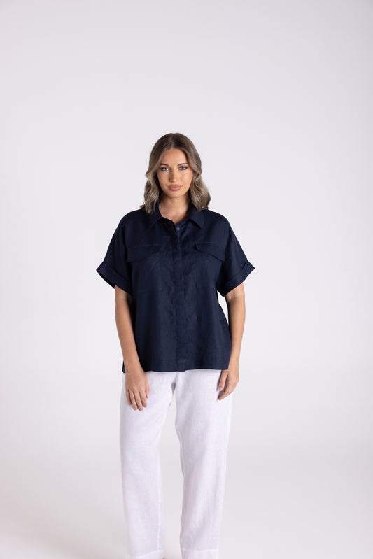 Two T's Oversized Linen Shirt - French Navy
